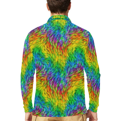 Rainbow Fur Design Print Long Sleeve Polo Shirt For Men's