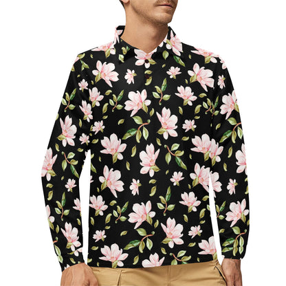 Magnolia Pattern Print Design MAG01 Long Sleeve Polo Shirt For Men's