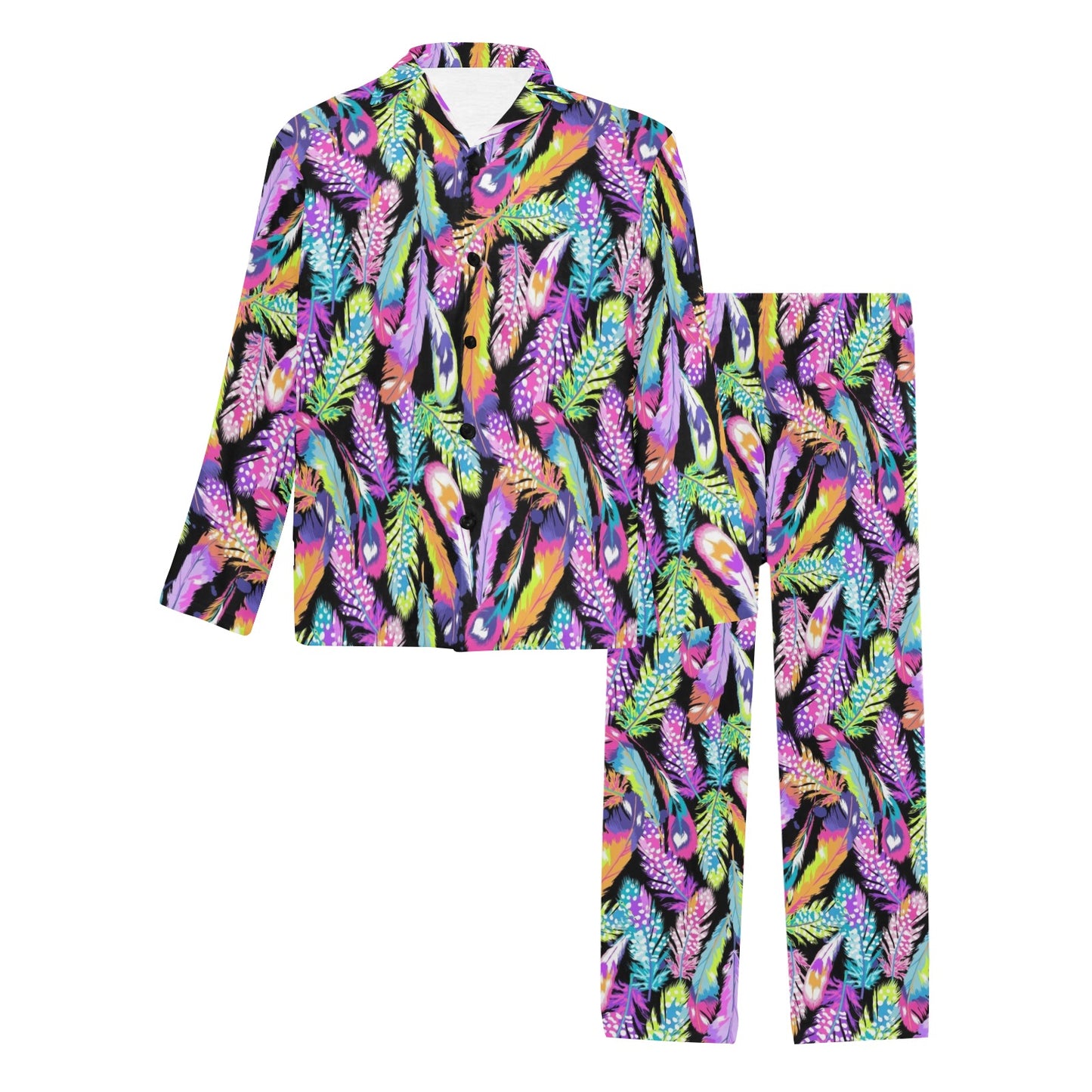 Neon Feather Pattern Print Design A02 Men's Long Pajama Set