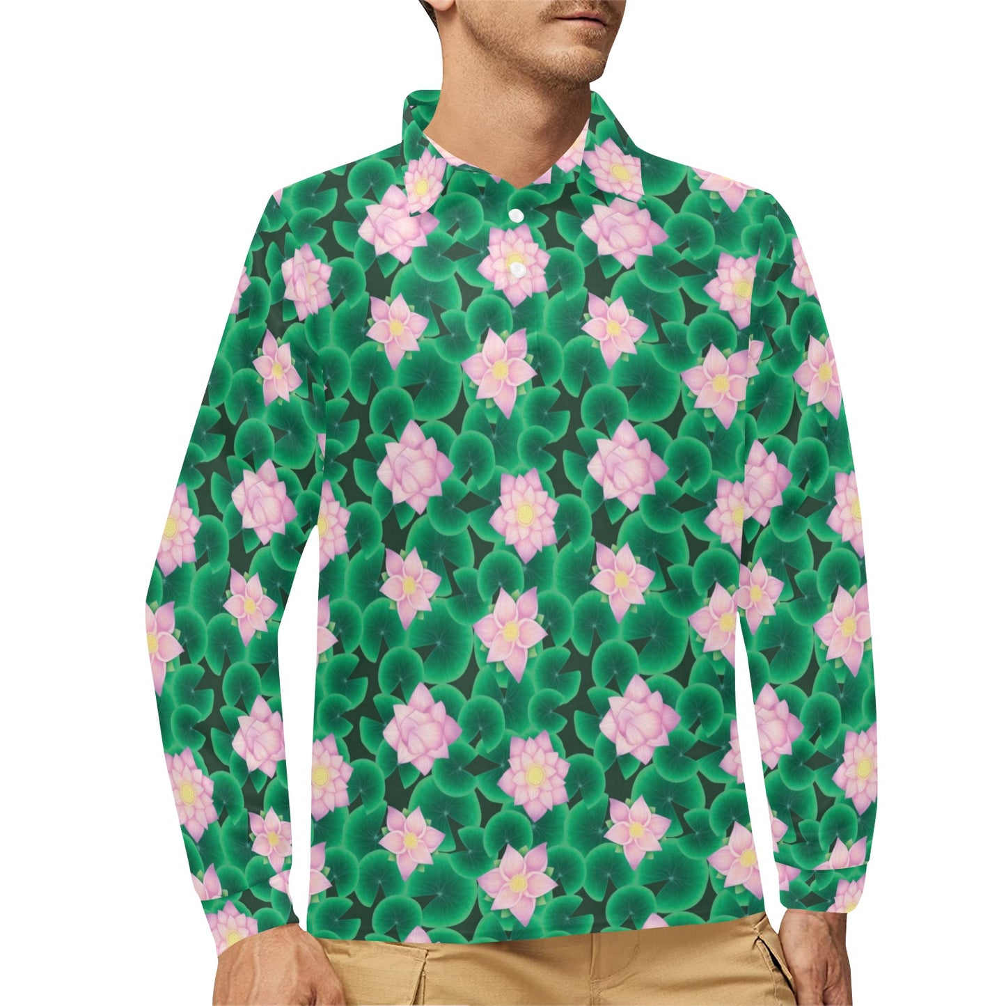 Water Lily Print Design LKS303 Long Sleeve Polo Shirt For Men's