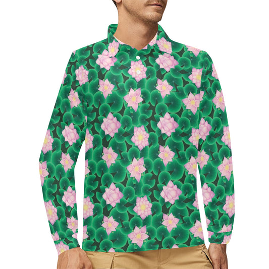 Water Lily Print Design LKS303 Long Sleeve Polo Shirt For Men's