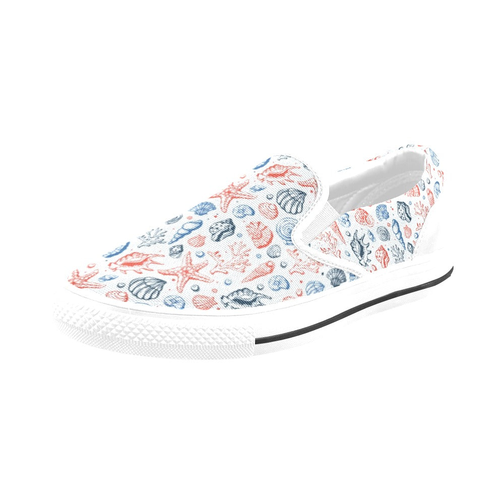 Seashell Print Design LKS307 White Slip Ons Canvas Women's Shoes