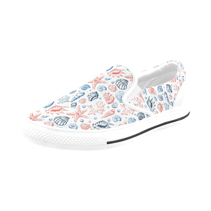 Seashell Print Design LKS307 White Slip Ons Canvas Women's Shoes