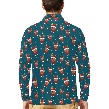 Reindeer Print Design LKS406 Long Sleeve Polo Shirt For Men's