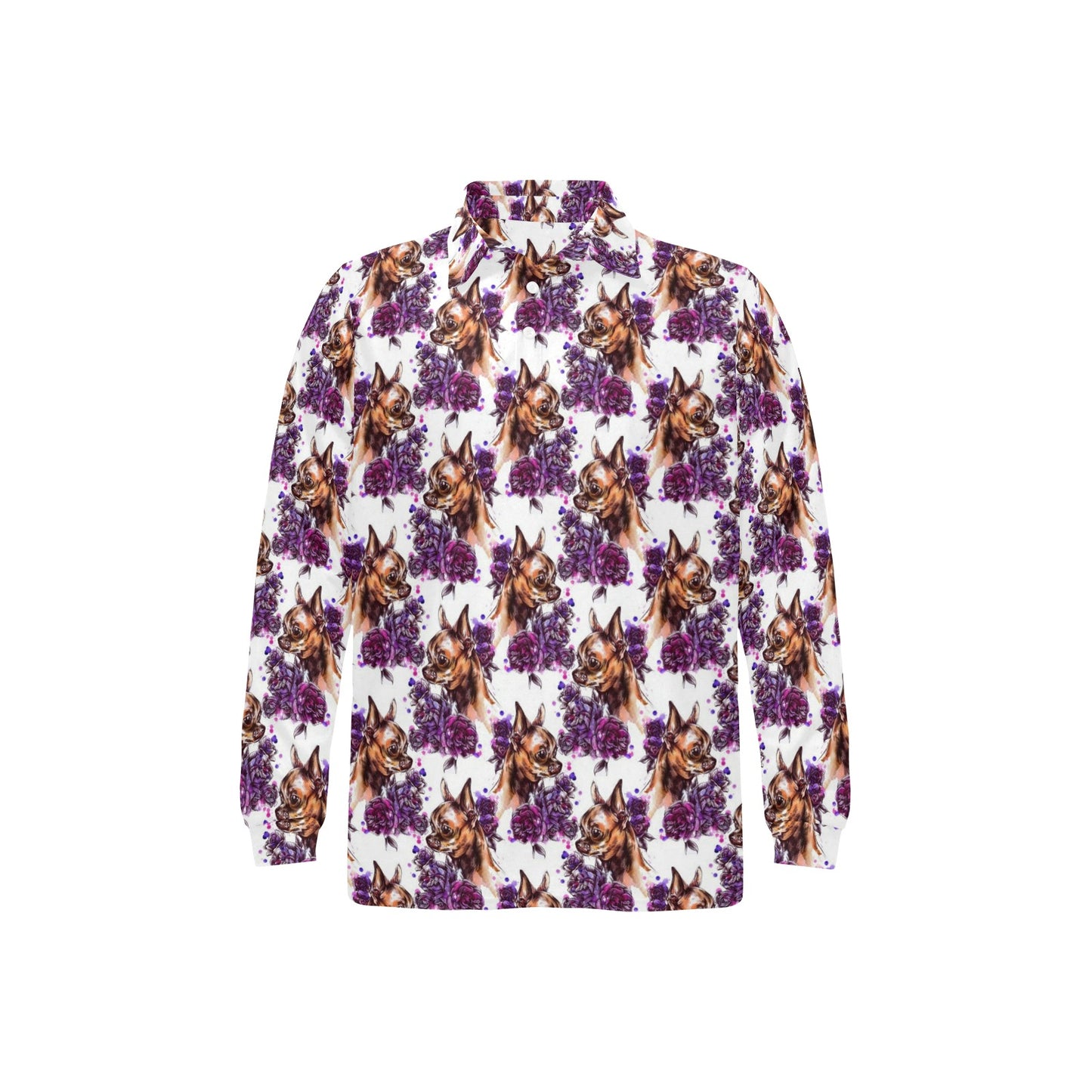 Chihuahua Purple Floral Long Sleeve Polo Shirt For Men's