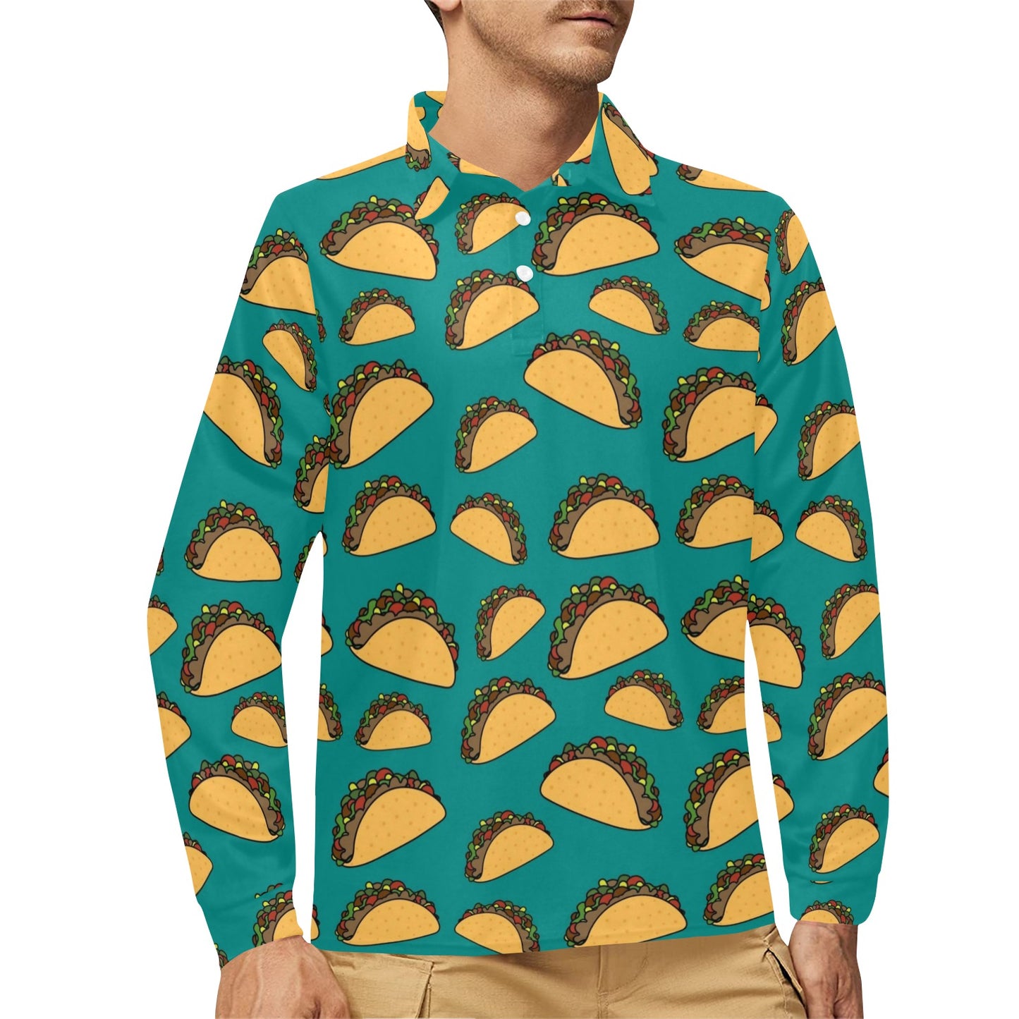 Taco Pattern Print Design TC07 Long Sleeve Polo Shirt For Men's