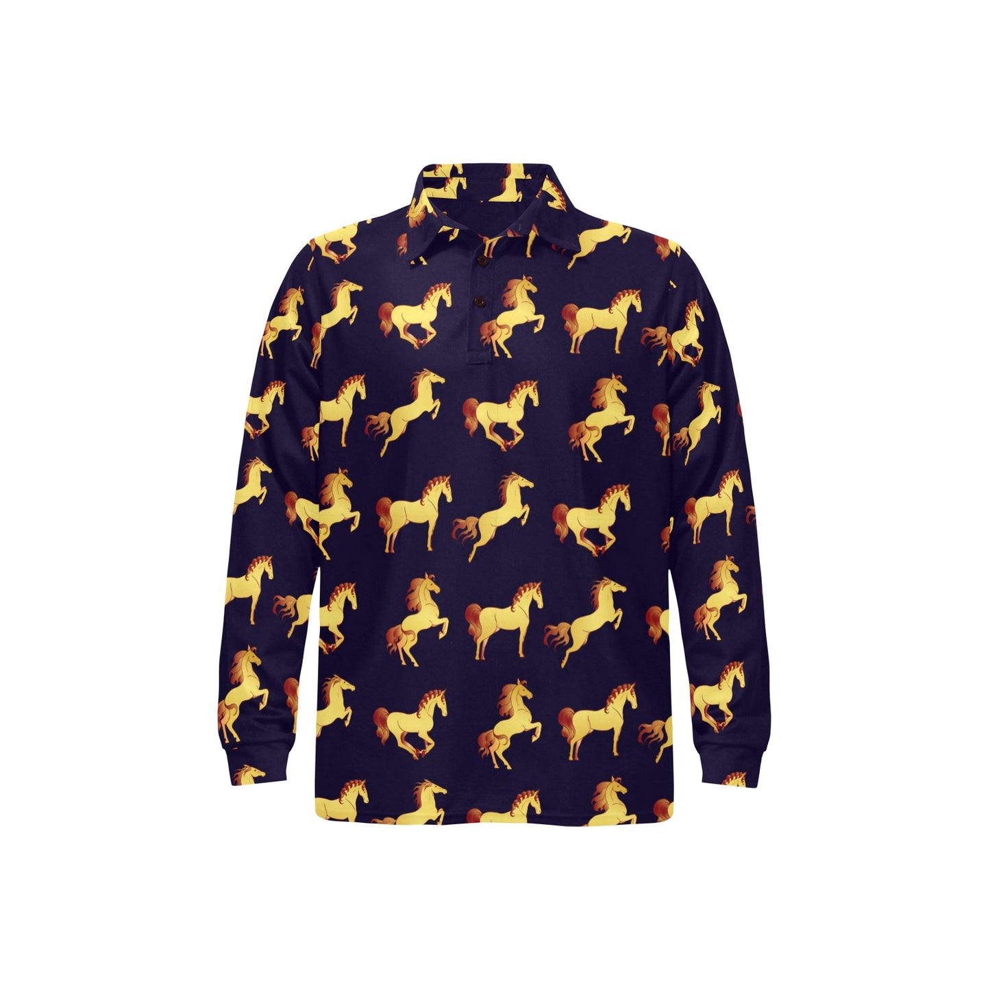 Gold Horse Pattern Long Sleeve Polo Shirt For Men's