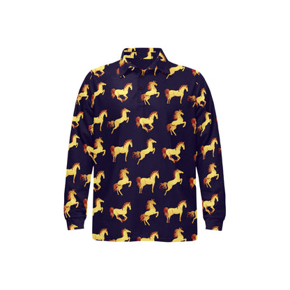 Gold Horse Pattern Long Sleeve Polo Shirt For Men's