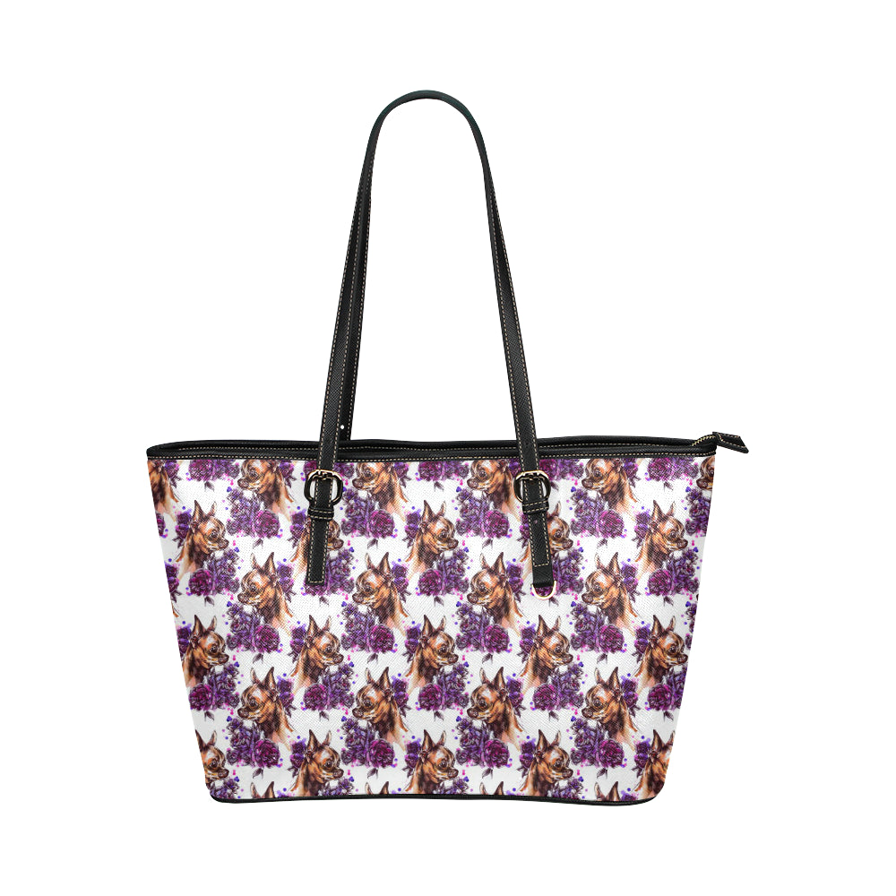 Chihuahua Purple Floral Leather Tote Bag