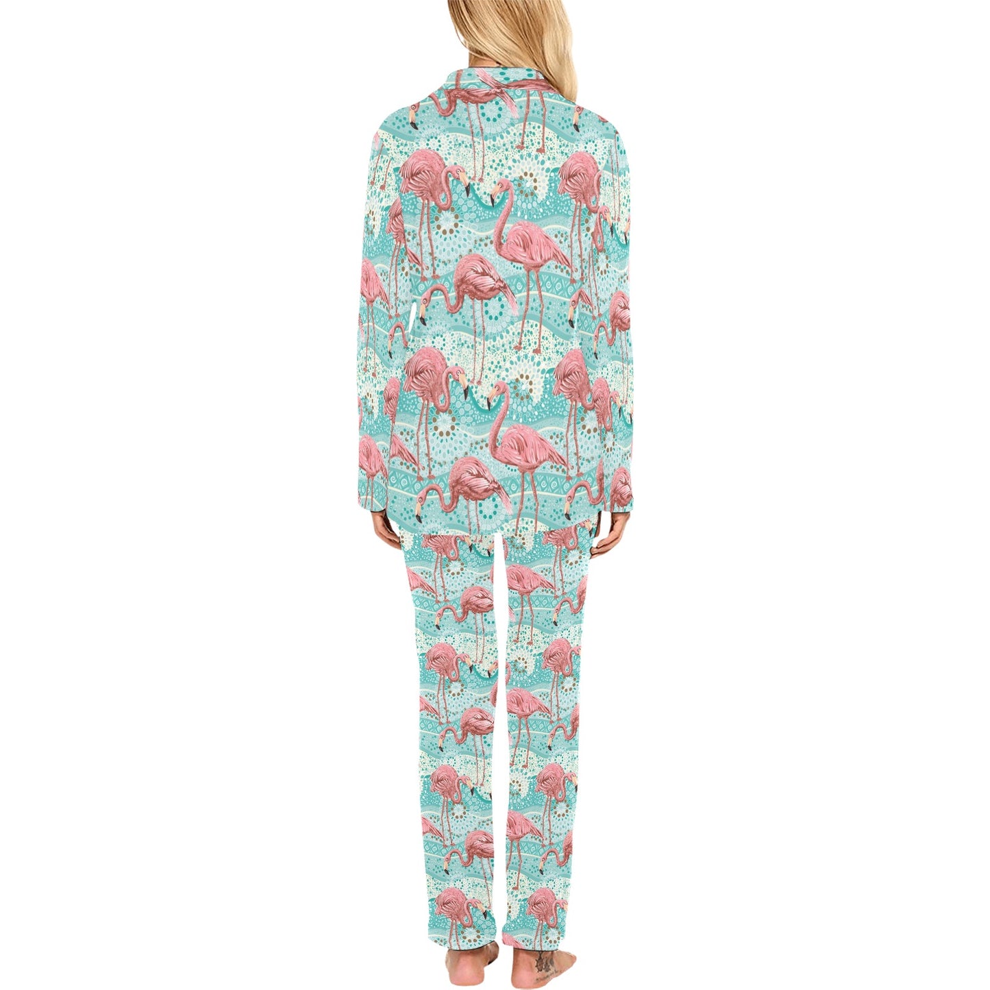 Flamingo Background Themed Print Women's Long Pajama Set