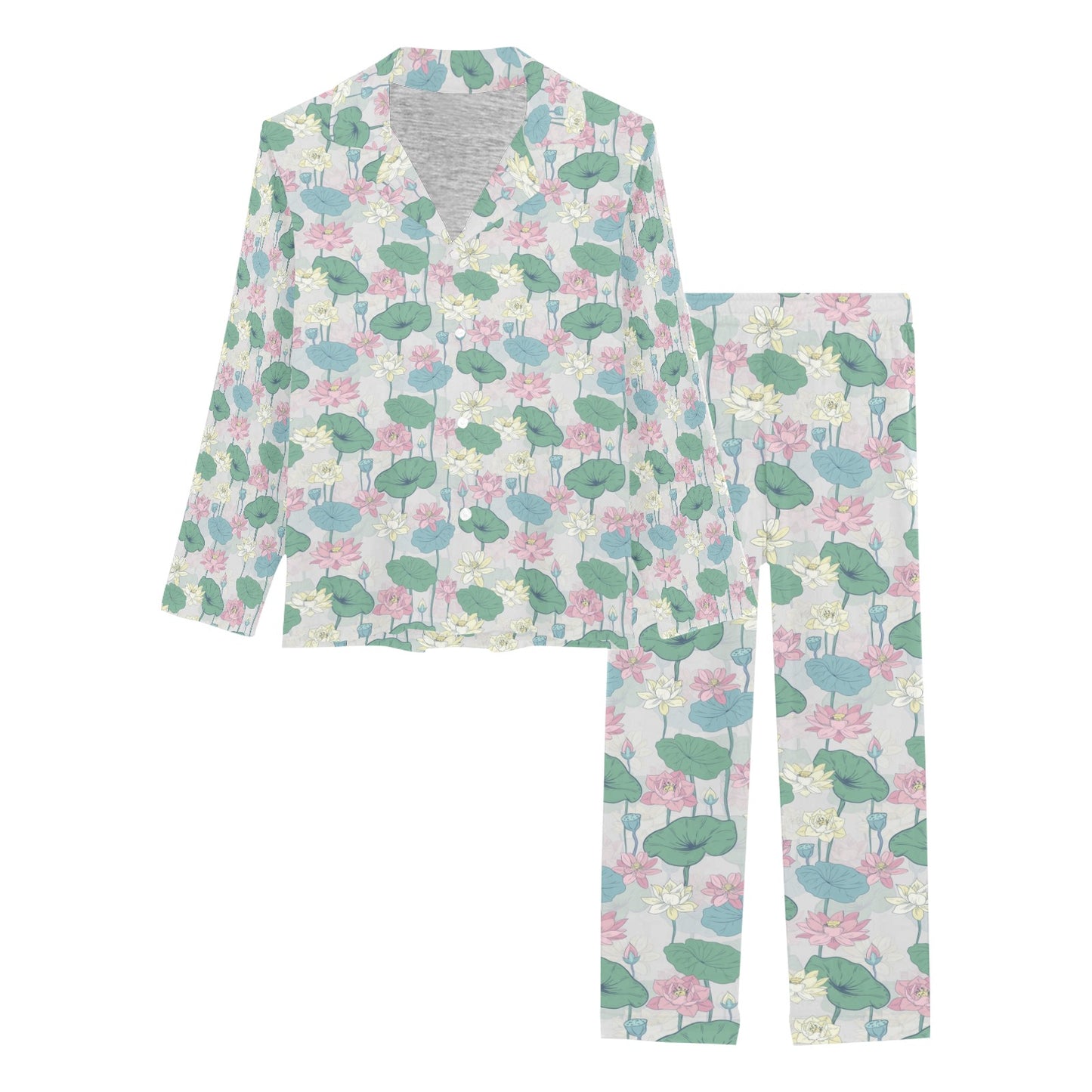 Water Lily Print Design LKS305 Women's Long Pajama Set