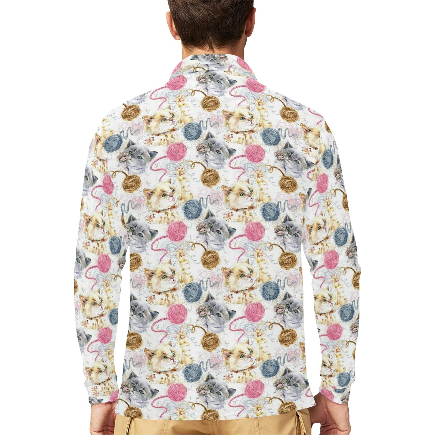 Cat Playing Yarn Pattern Print Design 07 Long Sleeve Polo Shirt For Men's