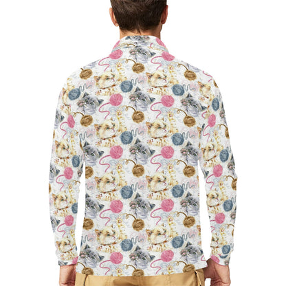 Cat Playing Yarn Pattern Print Design 07 Long Sleeve Polo Shirt For Men's