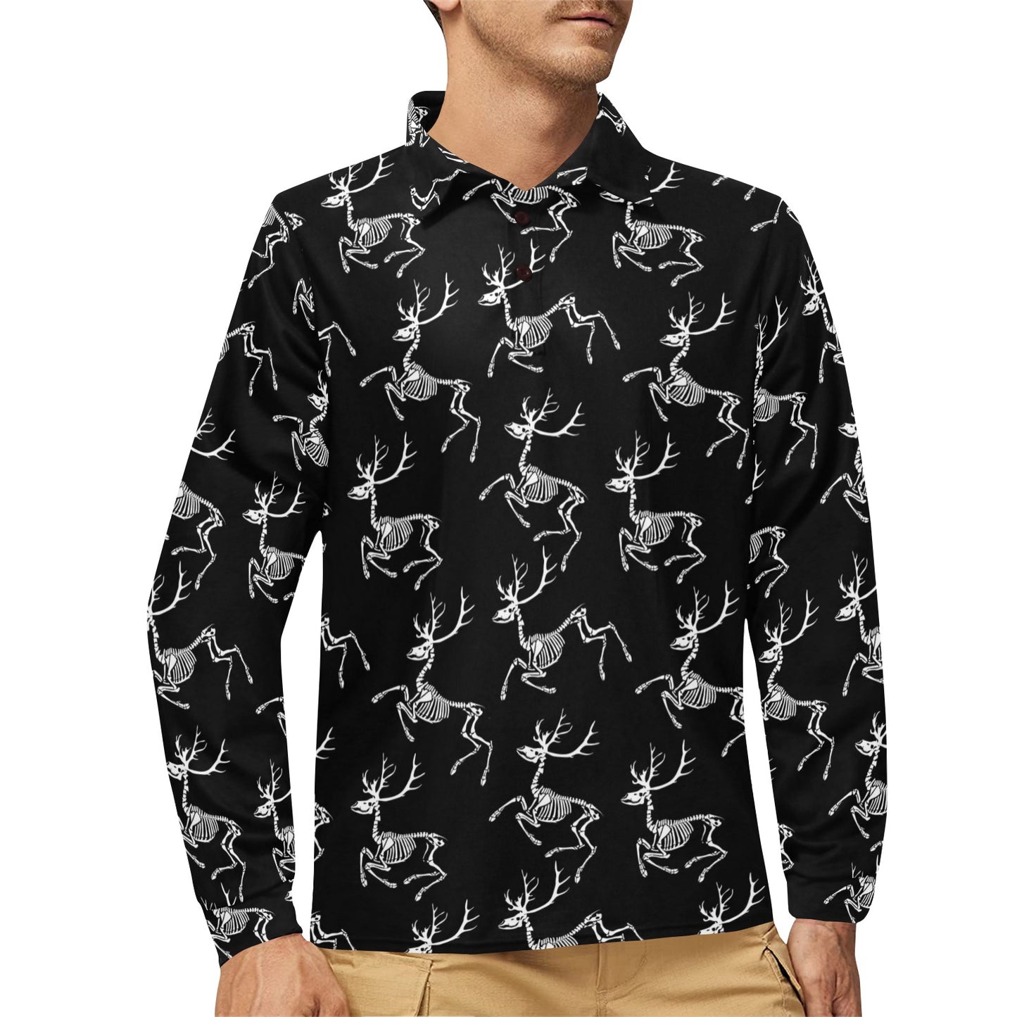 Deer Skeleton Print Pattern Long Sleeve Polo Shirt For Men's