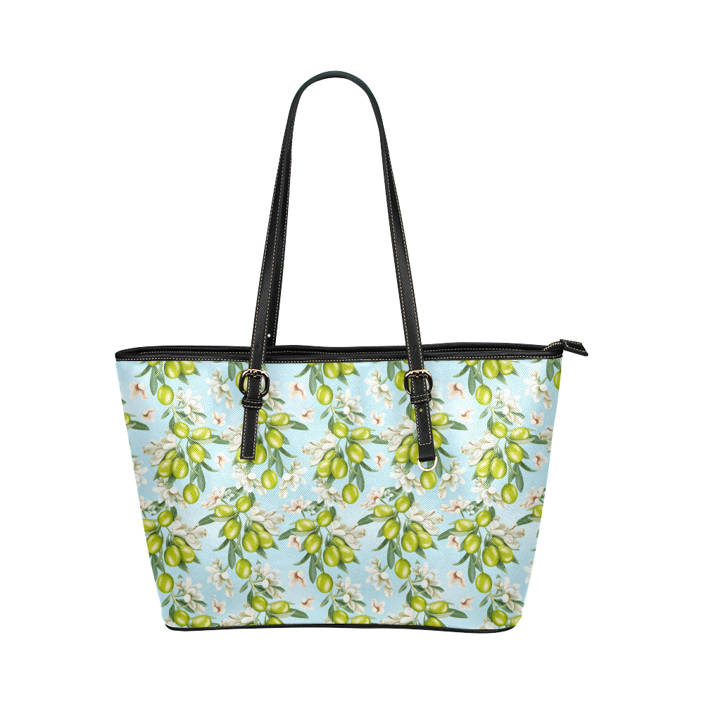 Elegant Olive Floral Print Leather Tote Bag