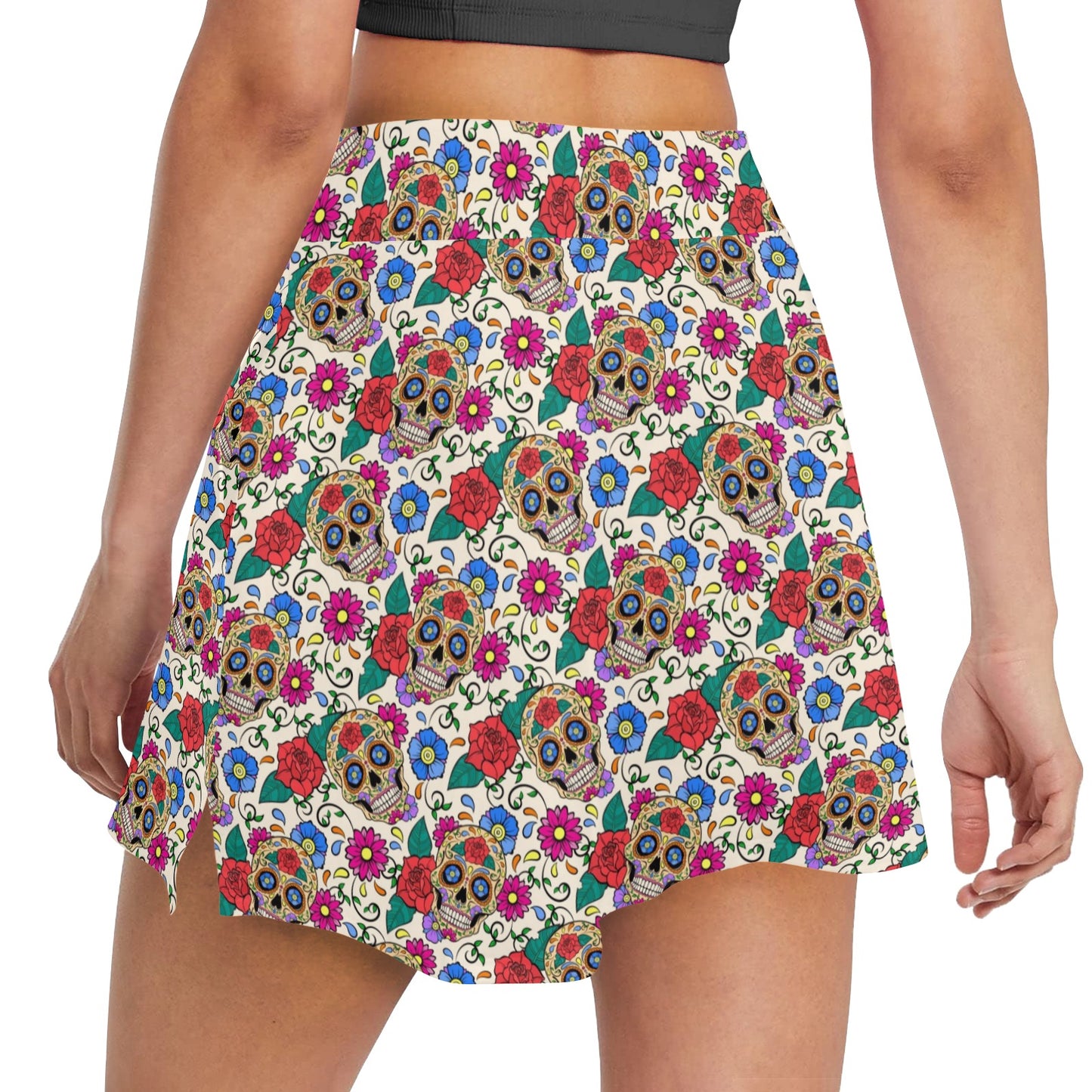 Sugar Skull Colorful Themed Print 17" Golf & Pickleball Skort with Pockets