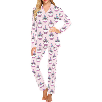 Cupcakes Unicorn Print Pattern Women's Long Pajama Set