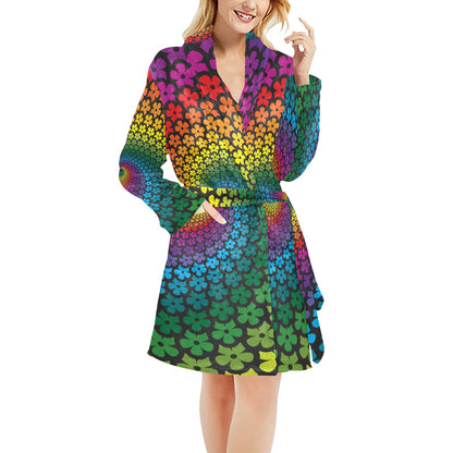 Flower Power Rainbow Spiral Print Women's Fleece Robe