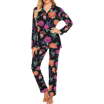 Marigold Pattern Print Design MR02 Women's Long Pajama Set