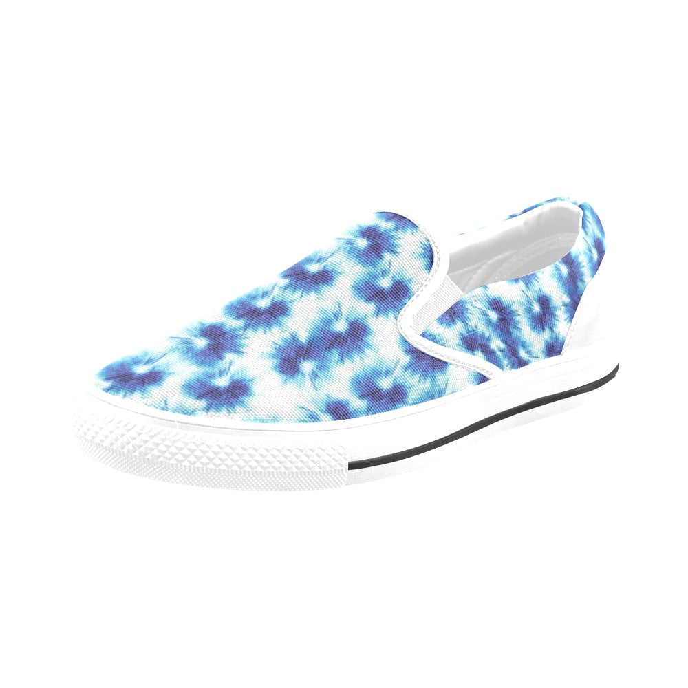 Tie Dye Blue Print Design LKS305 White Slip Ons Canvas Women's Shoes