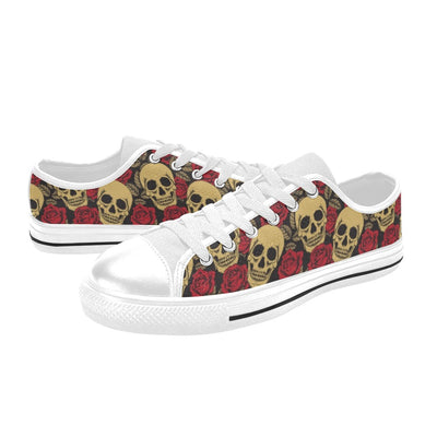 Skull And Roses Print Design LKS302 Women's White Low Top Shoes