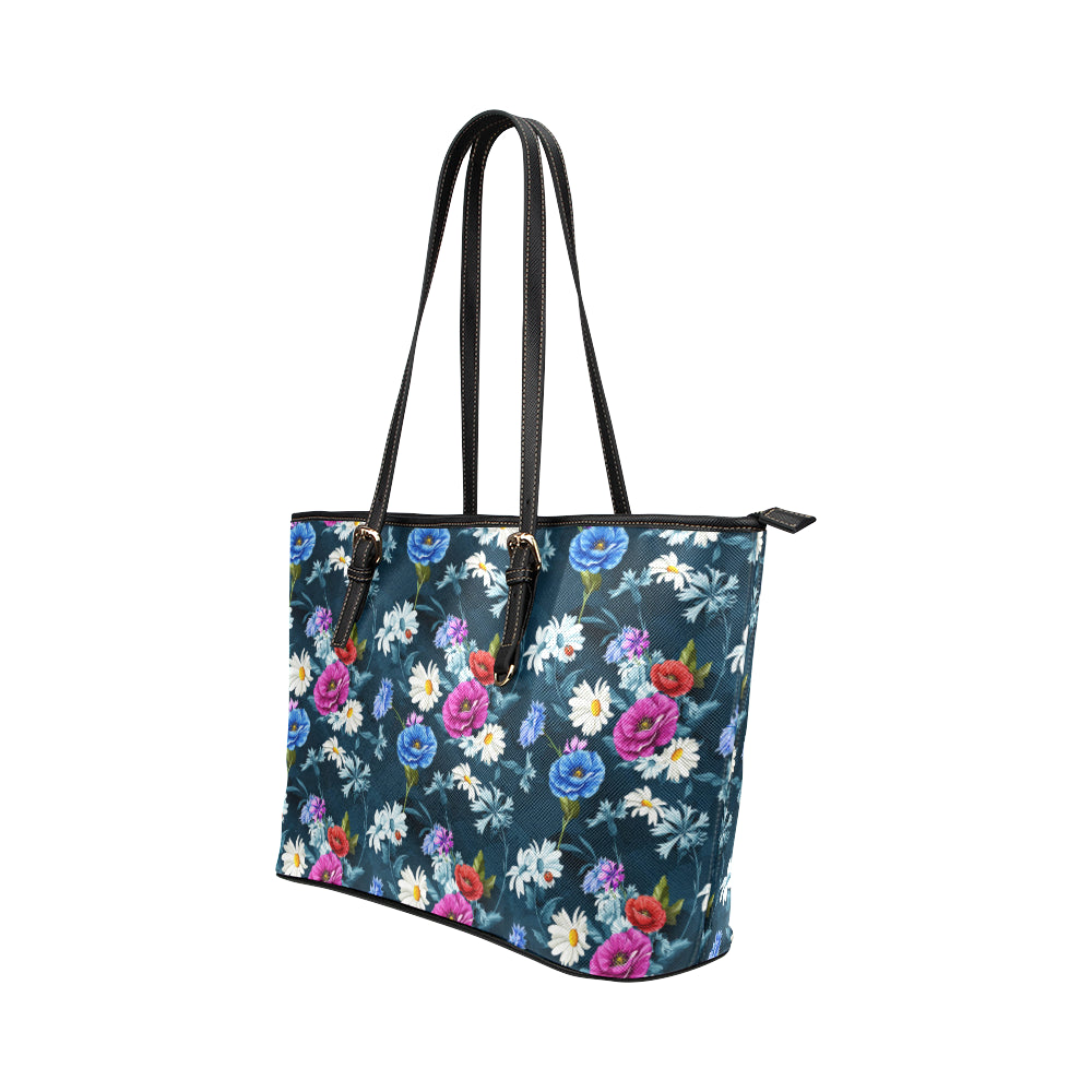 Floral Blue Themed Print Leather Tote Bag