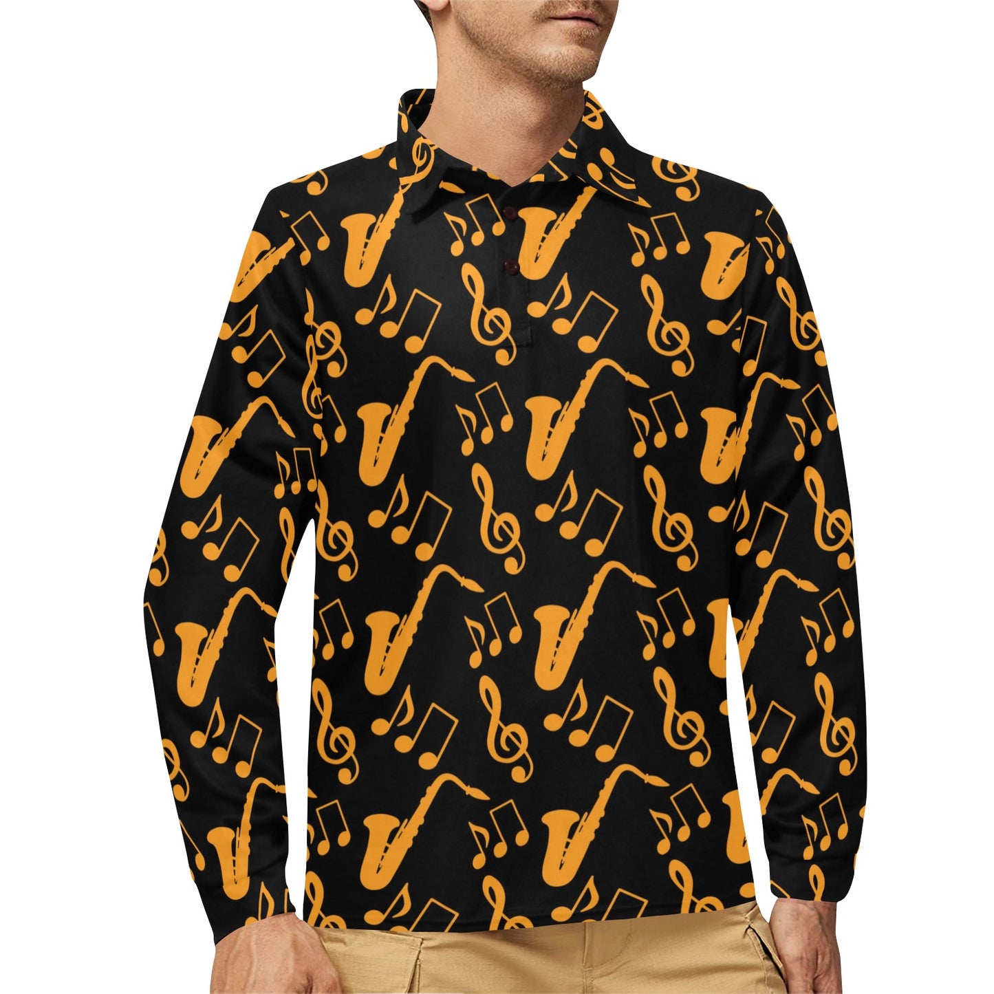 Saxophone Pattern Print Design 02 Long Sleeve Polo Shirt For Men's