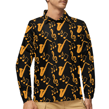 Saxophone Pattern Print Design 02 Long Sleeve Polo Shirt For Men's