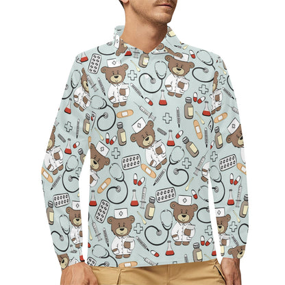 Nurse Bear Pattern Print Design A01 Long Sleeve Polo Shirt For Men's