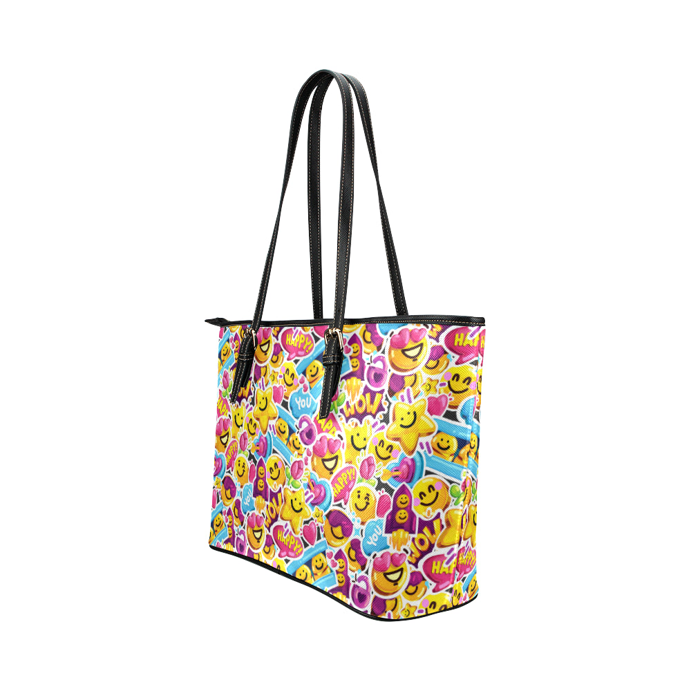 Emoji Sticker Print Pattern Leather Tote Bag