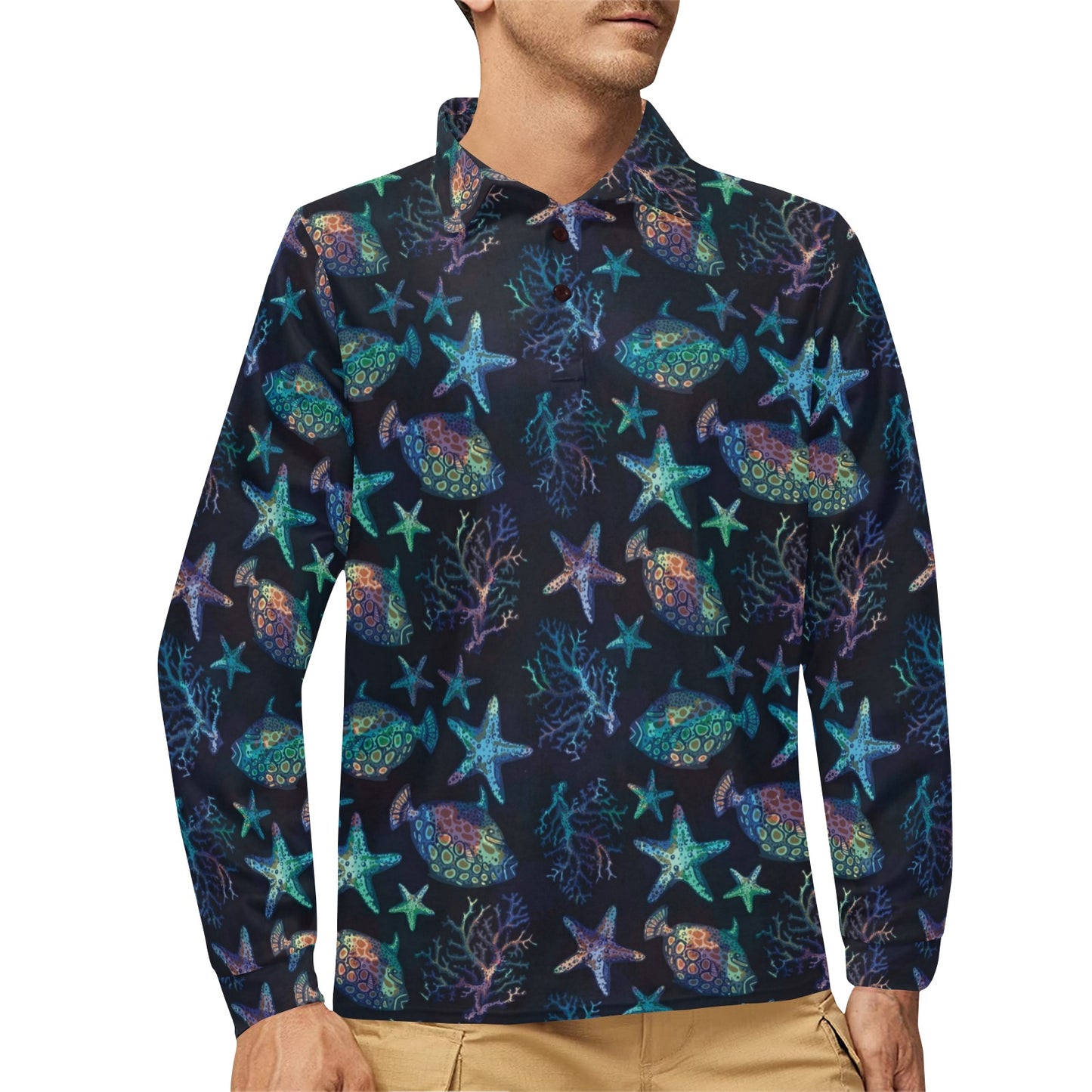 Starfish Pattern Print Design 01 Long Sleeve Polo Shirt For Men's