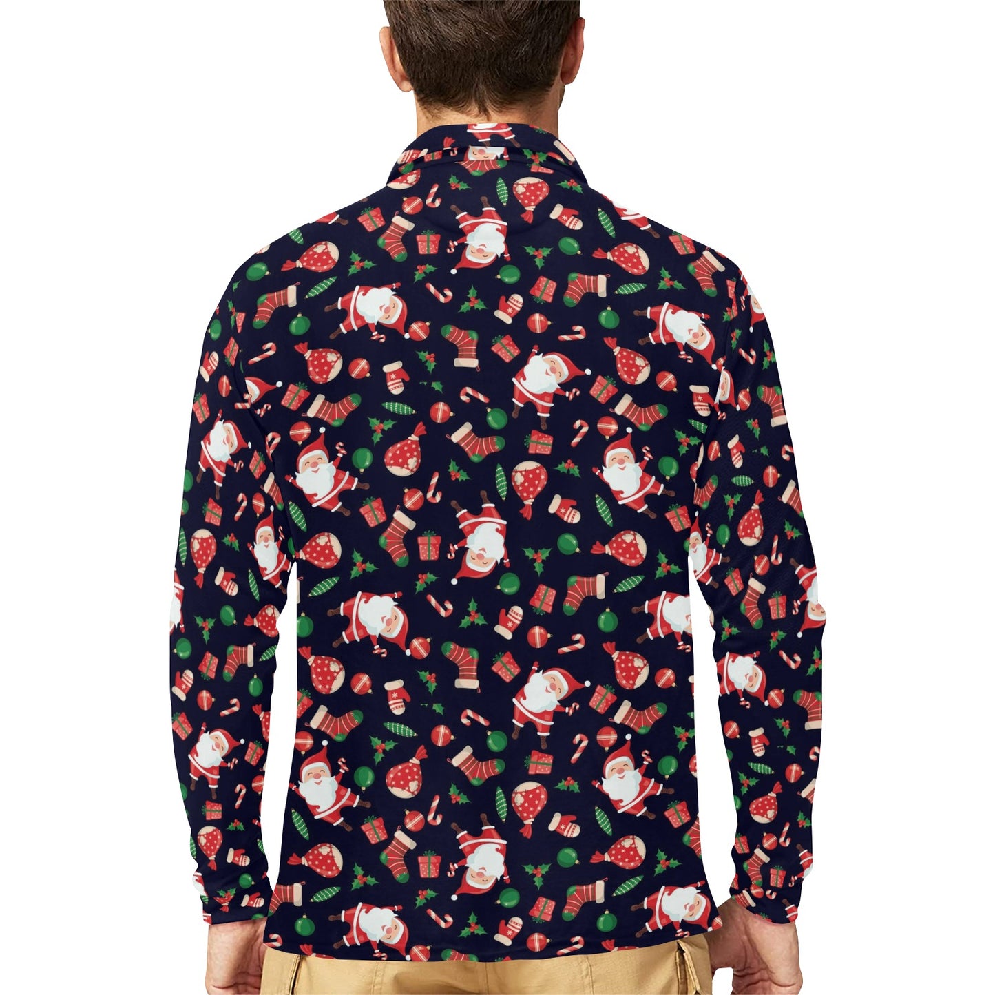 Santa Christmas Themed Print Design LKS304 Long Sleeve Polo Shirt For Men's