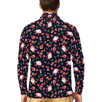 Santa Christmas Themed Print Design LKS304 Long Sleeve Polo Shirt For Men's