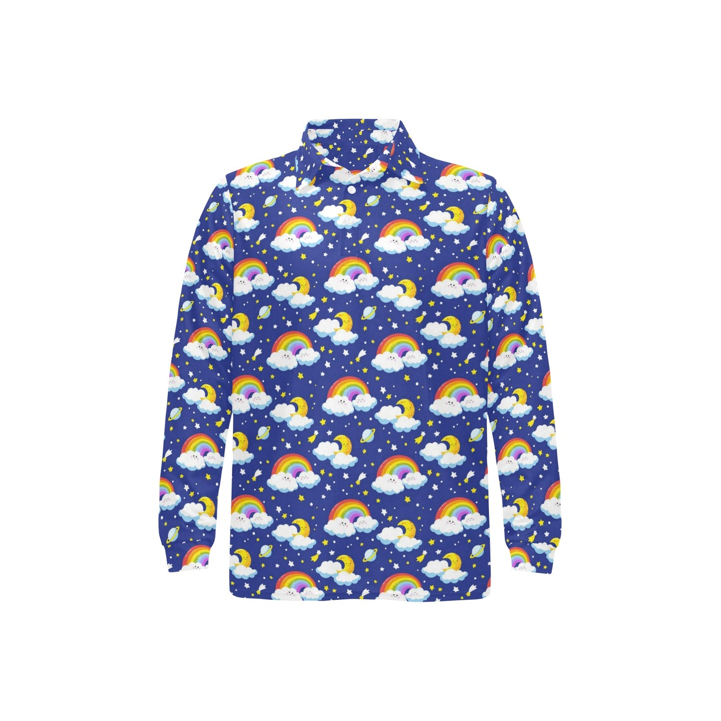 Rainbow Space Design Print Long Sleeve Polo Shirt For Men's