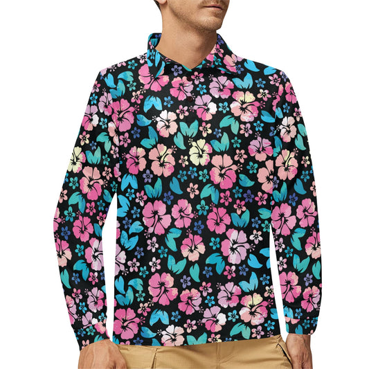 Pink Hibiscus Hawaiian Flower Long Sleeve Polo Shirt For Men's