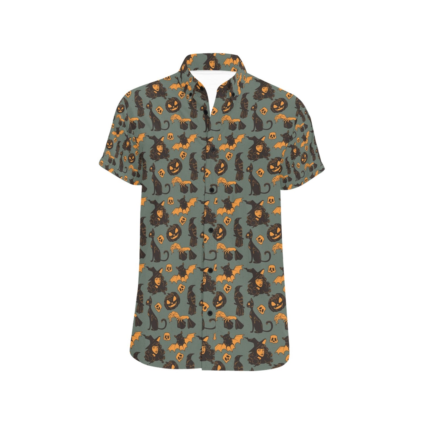 Witch Bat Halloween Print Design LKS305 Men Short Sleeve Button Up Shirt