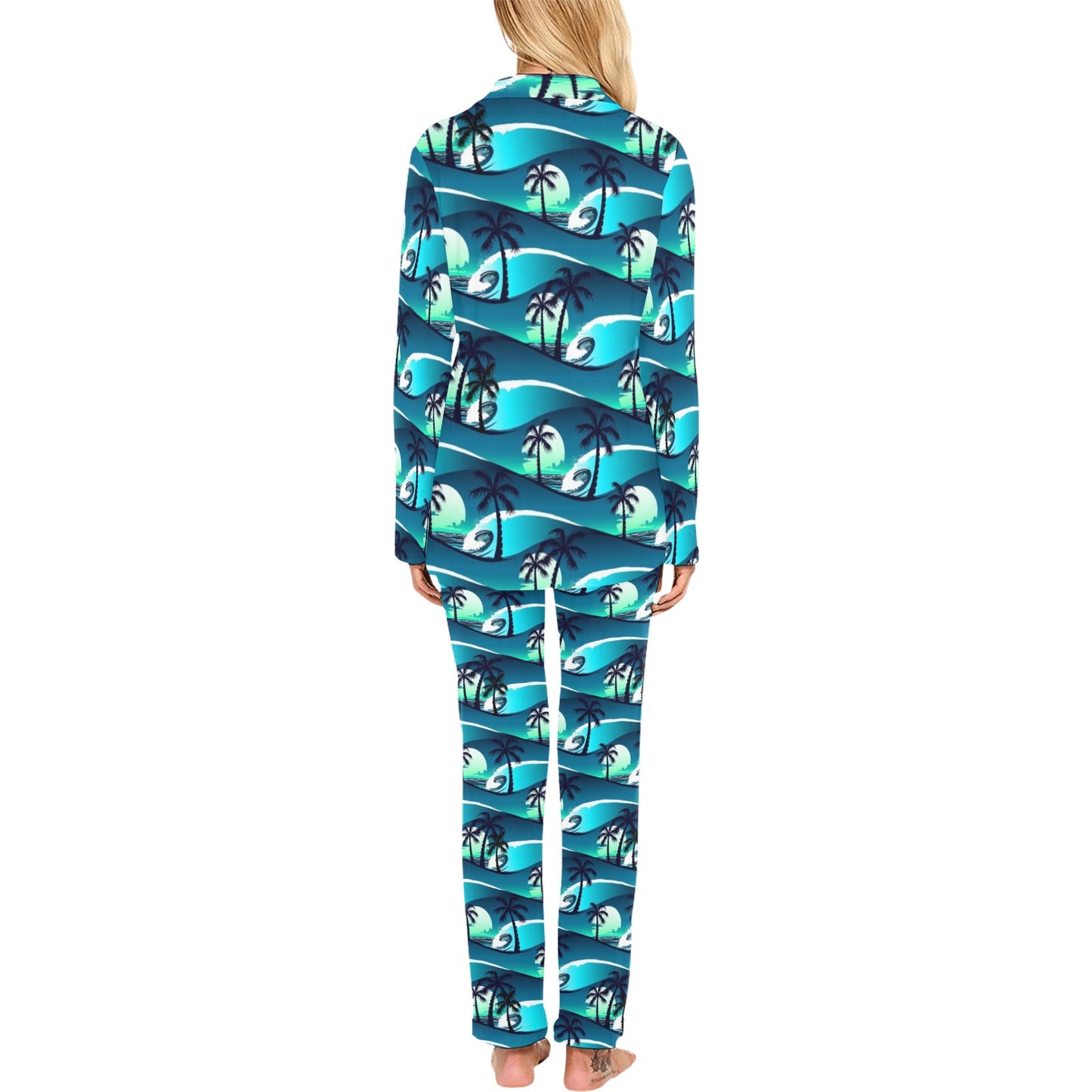Beach Wave Design Print Women's Long Pajama Set