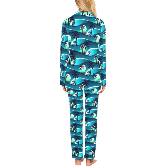 Beach Wave Design Print Women's Long Pajama Set