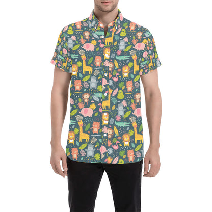 Safari Animal Cartoon Print Design LKS305 Men Short Sleeve Button Up Shirt