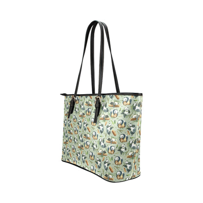 Panda Bear Design Bamboo Print Leather Tote Bag