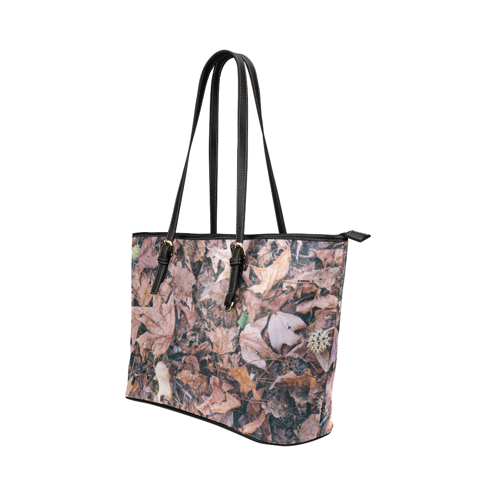 Camouflage Realistic Tree Leaf Print Leather Tote Bag