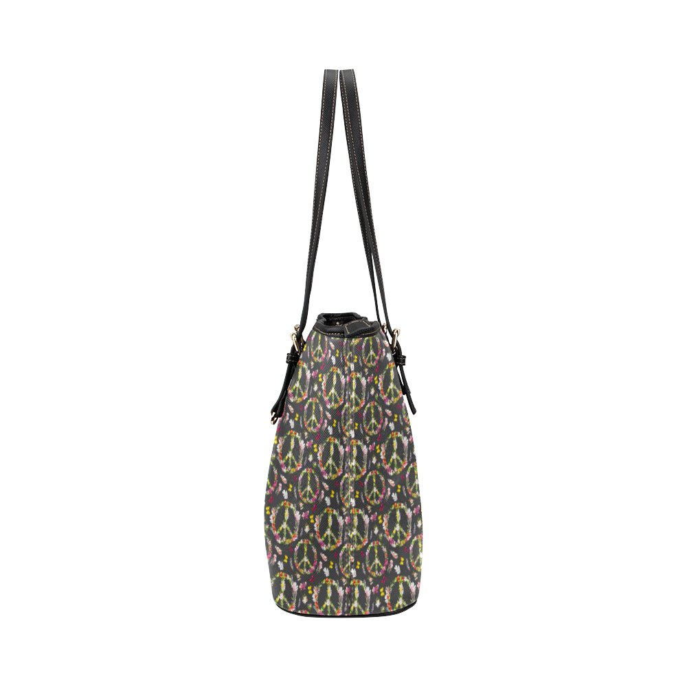 Peace Sign flowers Design Print Leather Tote Bag