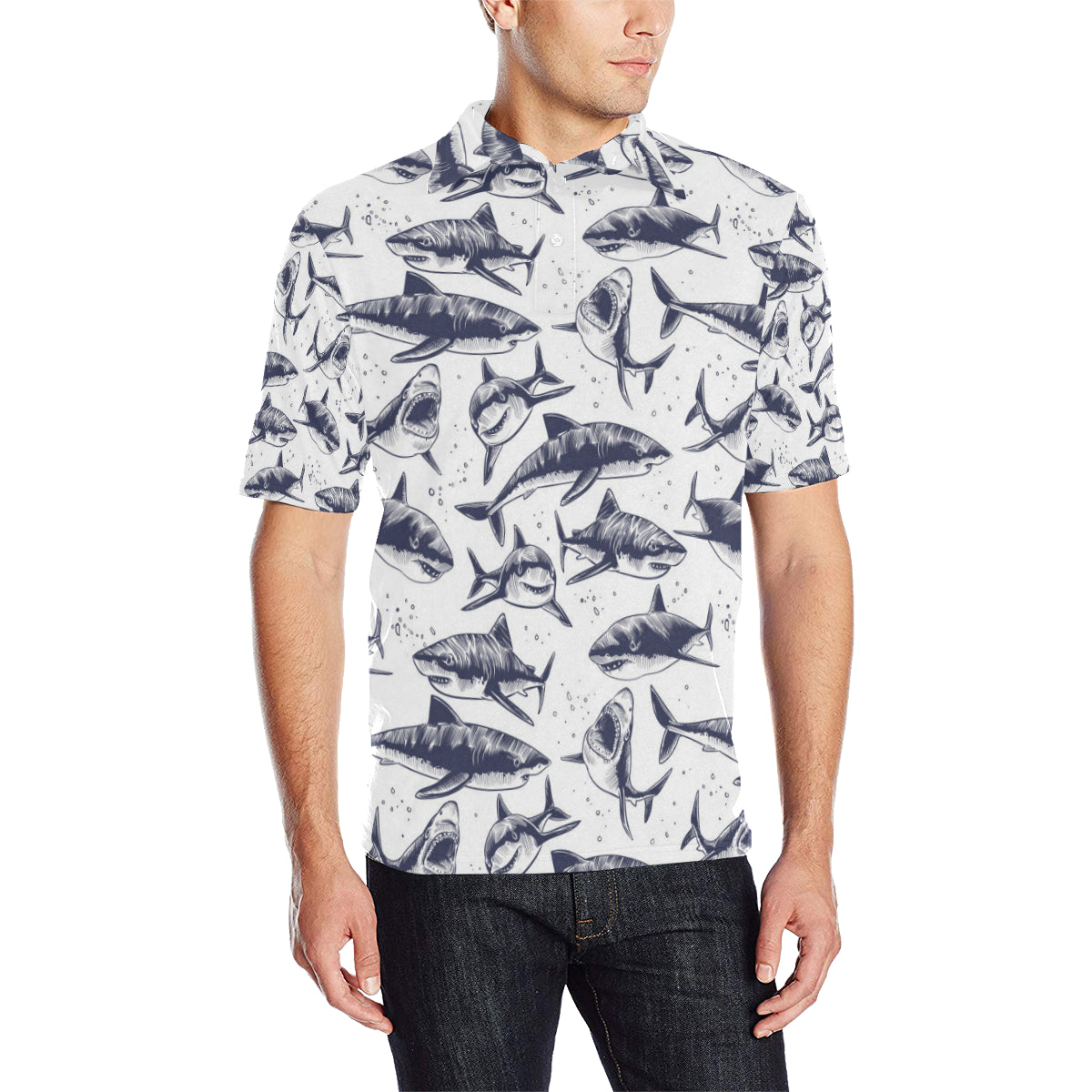 Great White Shark Pattern Print Design 02 Men Polo Shirt