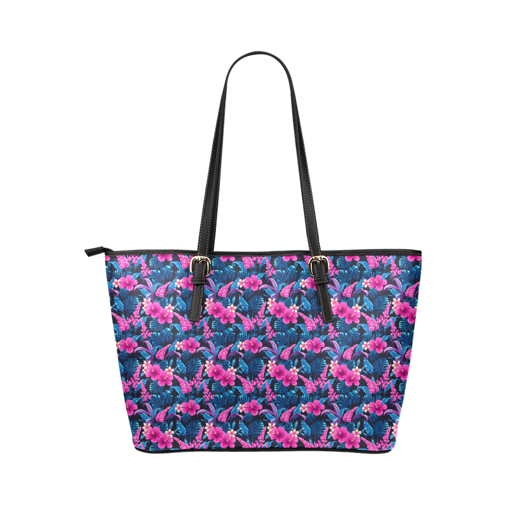 Tropical Folower Pink Themed Print Leather Tote Bag