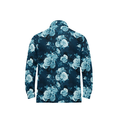 Rose Blue Pattern Print Design RO014 Long Sleeve Polo Shirt For Men's