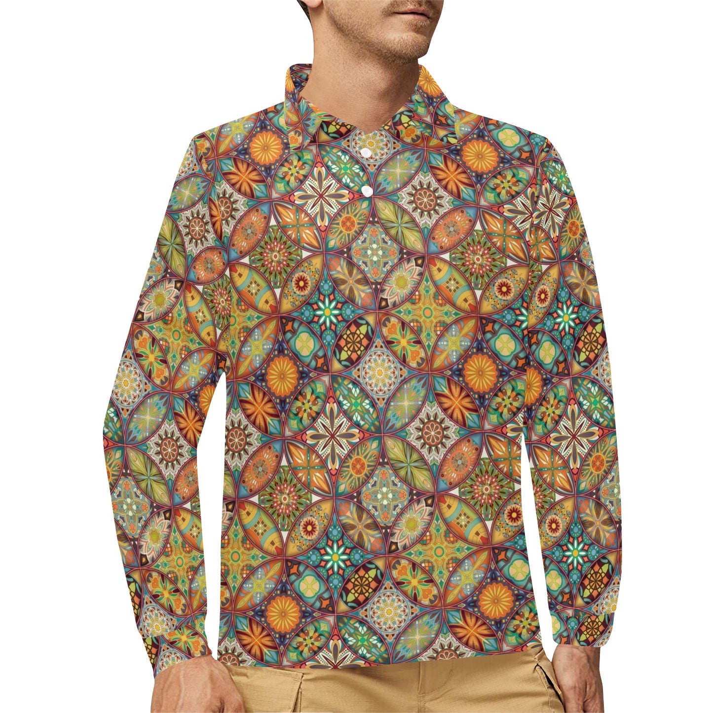 Mandala Flower Themed Design Print Long Sleeve Polo Shirt For Men's