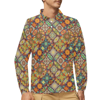Mandala Flower Themed Design Print Long Sleeve Polo Shirt For Men's