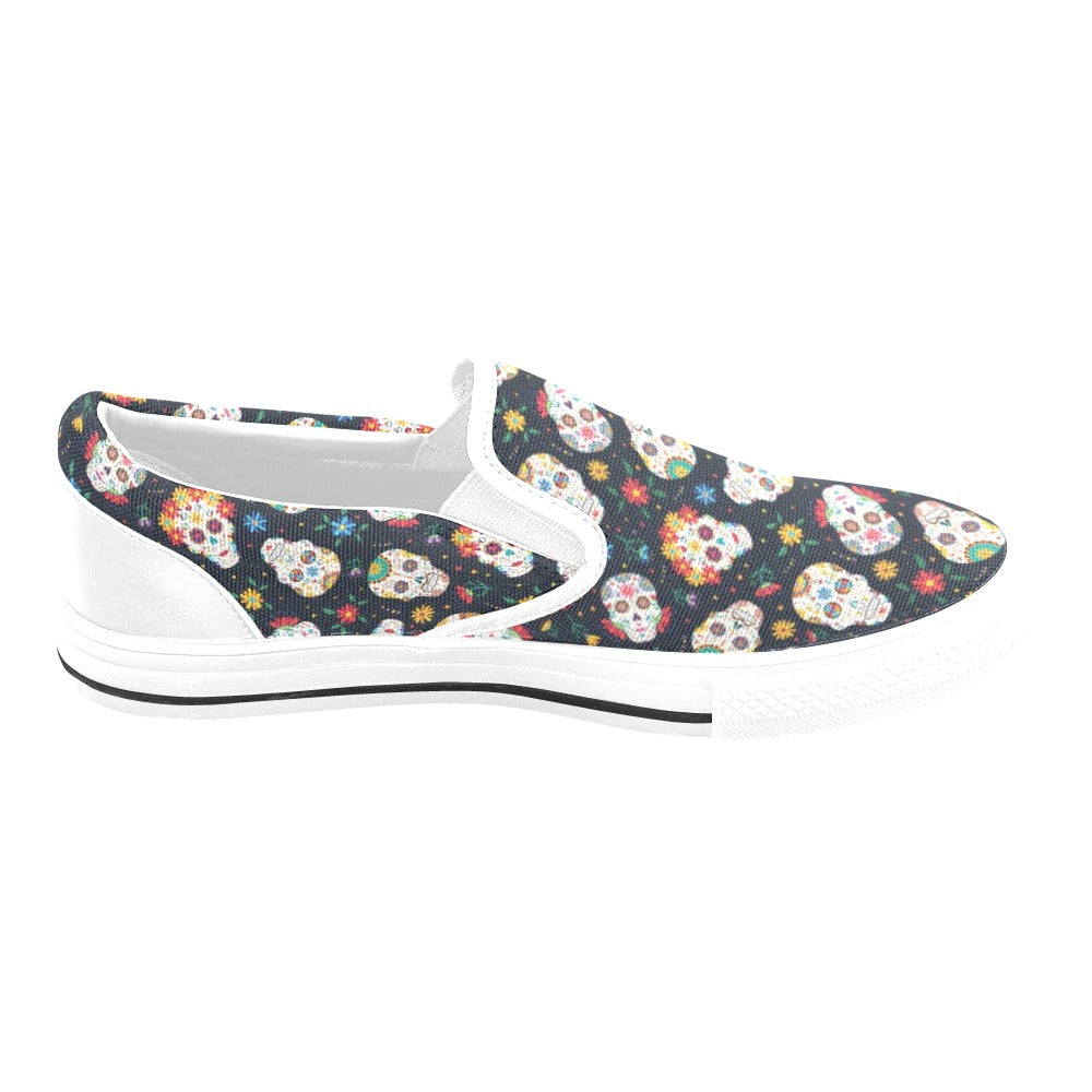 Sugar Skull Print Design LKS305 White Slip Ons Canvas Women's Shoes