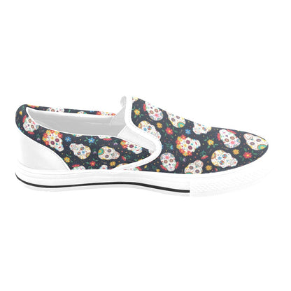 Sugar Skull Print Design LKS305 White Slip Ons Canvas Women's Shoes