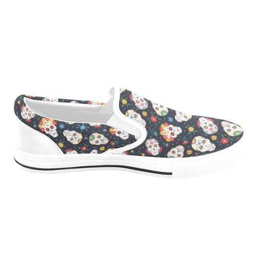 Sugar Skull Print Design LKS305 White Slip Ons Canvas Women's Shoes